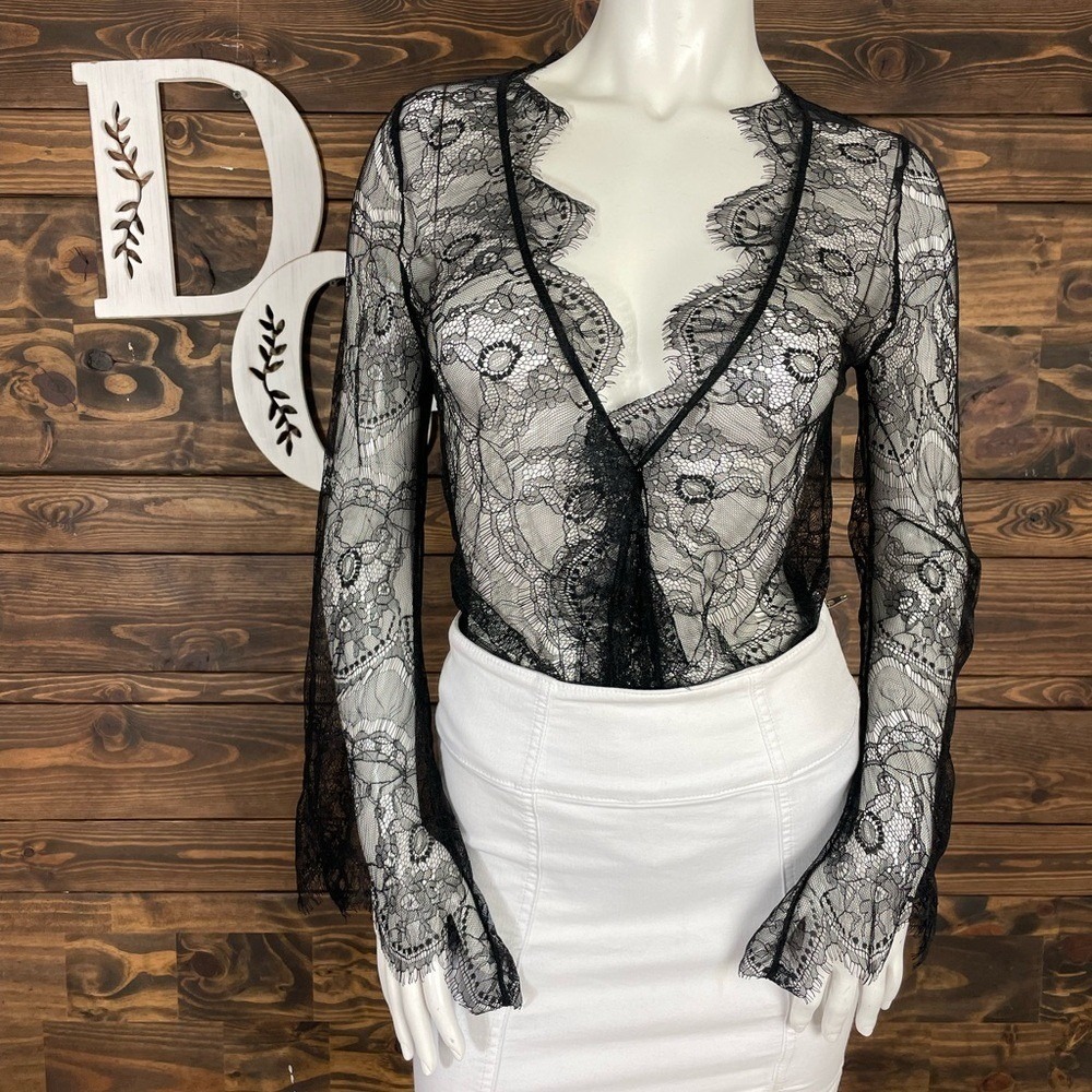 Daya by Zendaya | Black Lace Mesh Open Knit Bodysuit Wrap Style Deep B-Neck Bell